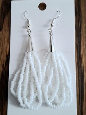 Native American Beaded White Seed Bead Drop Earrings